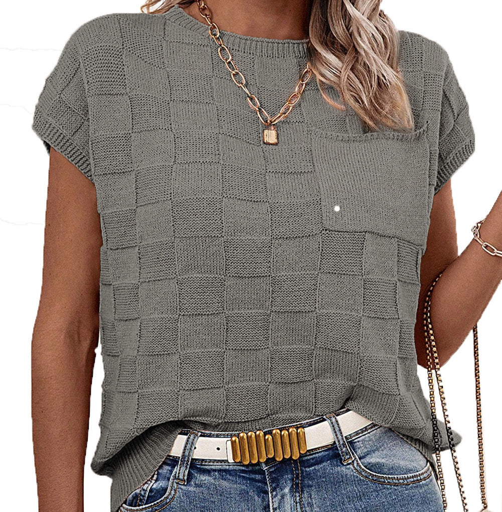 Small Plaid Knitted Casual Womens Top