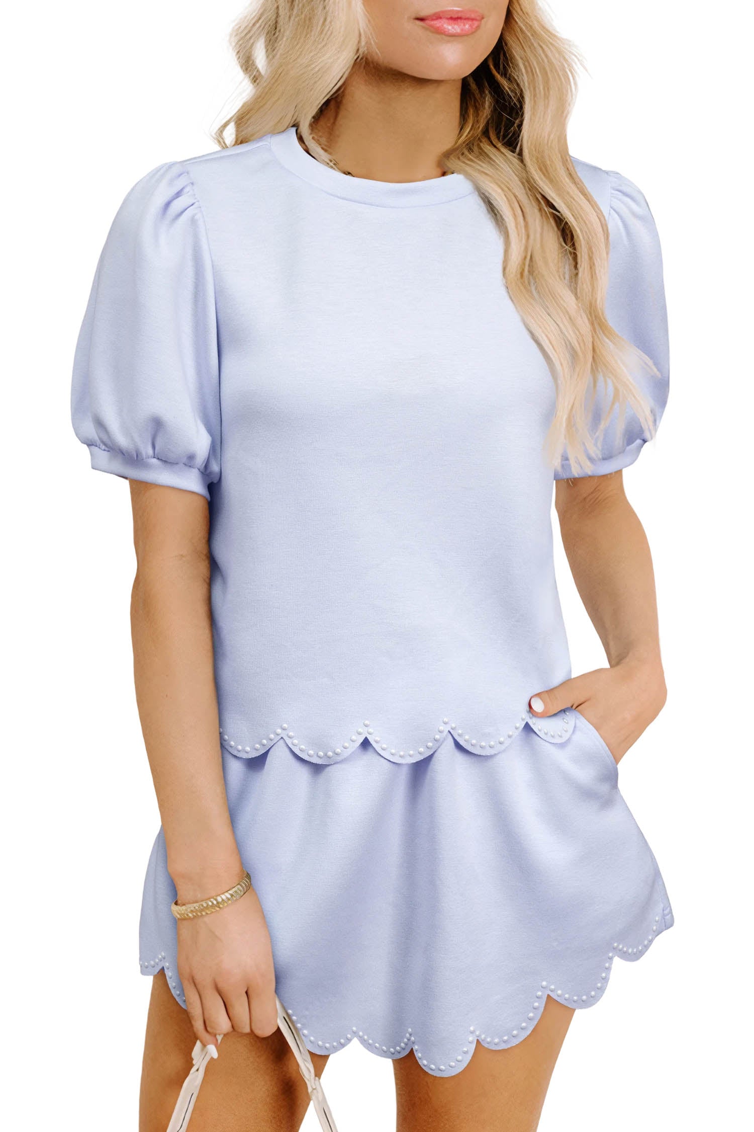Beau Blue Puff Sleeve Pearl Embellished Scallop Trim Top 2 Piece Skort Set