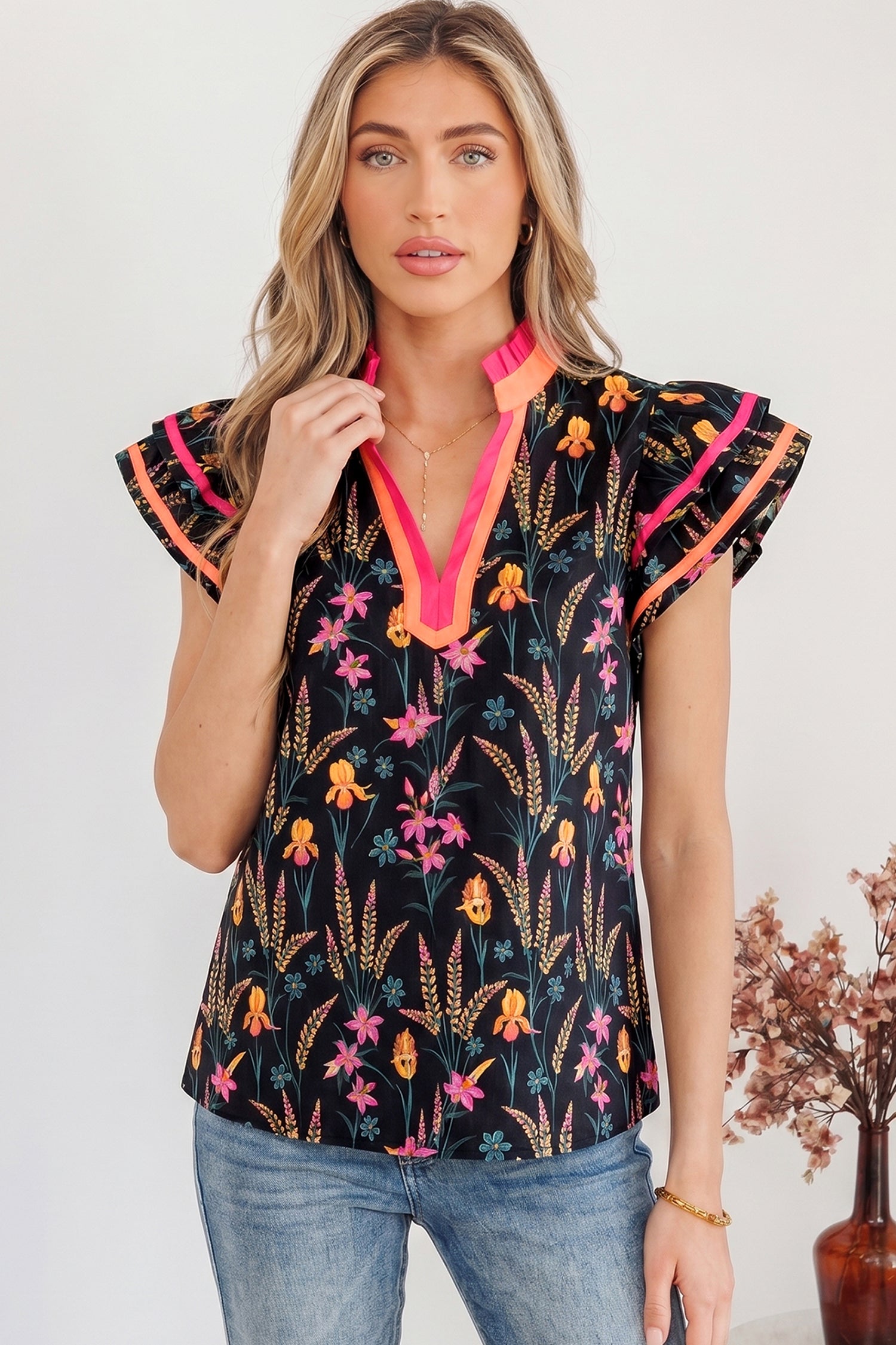 Black Floral Print Contrast Trim Tiered Ruffled Short Sleeve Blouse