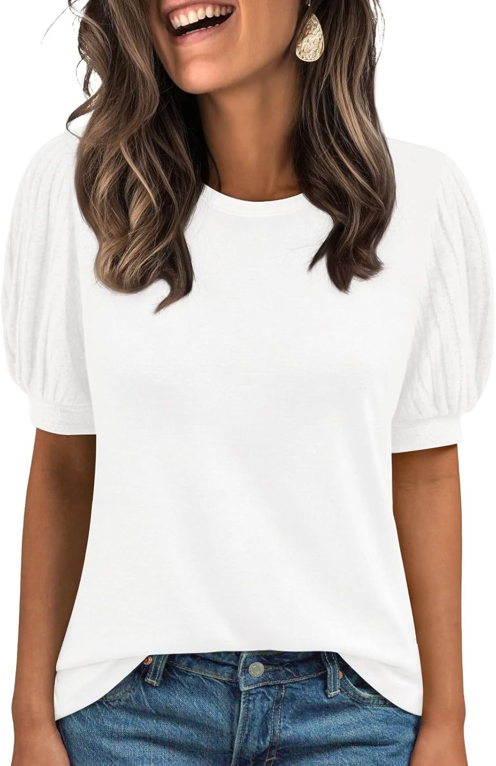 Spring Summer Crew-Neck Solid-Color Elastic-Cuff Short-Sleeve Top