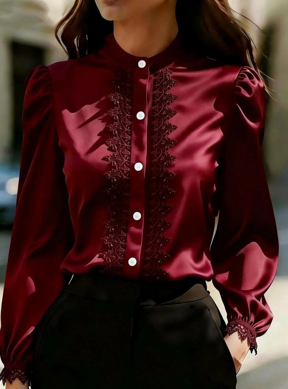 Satin Lace-Patchwork Stand-Collar Shirt Top For Women