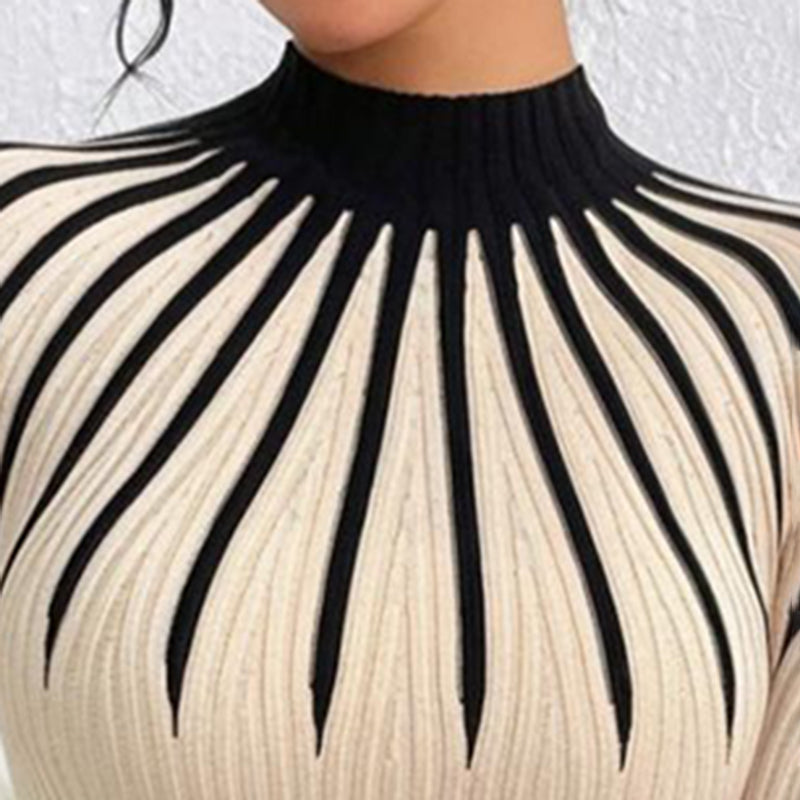 Women's Slim Fit Mock Neck Sweater, Ribbed Striped Long Sleeve Knit For Fall Winter 2025