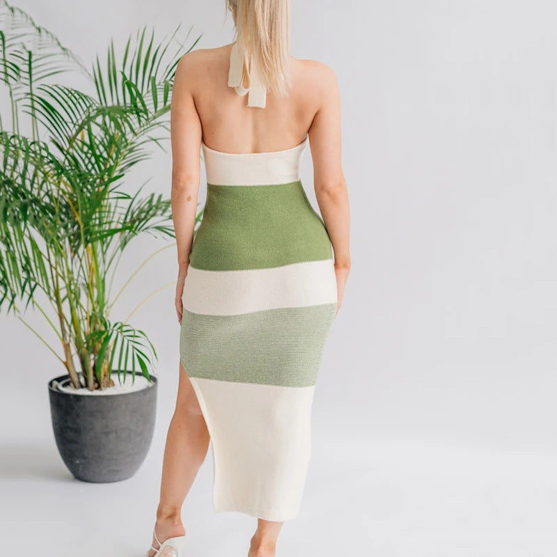 Contrasting Halterneck Split Dress Hot-selling Sleeveless Back Knitted Sweater
