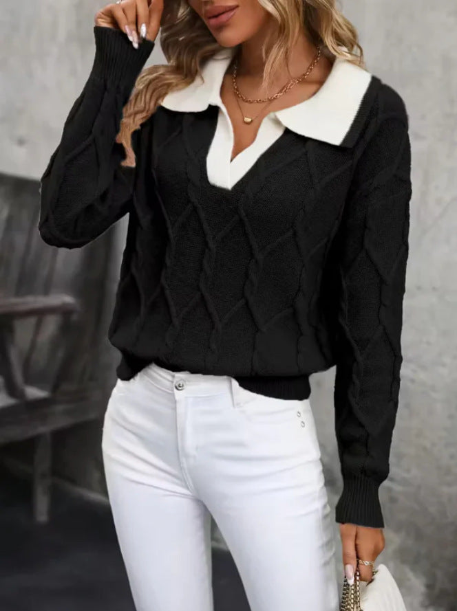 Women's Lapel Long Sleeve Contrast Color Knitted Sweater