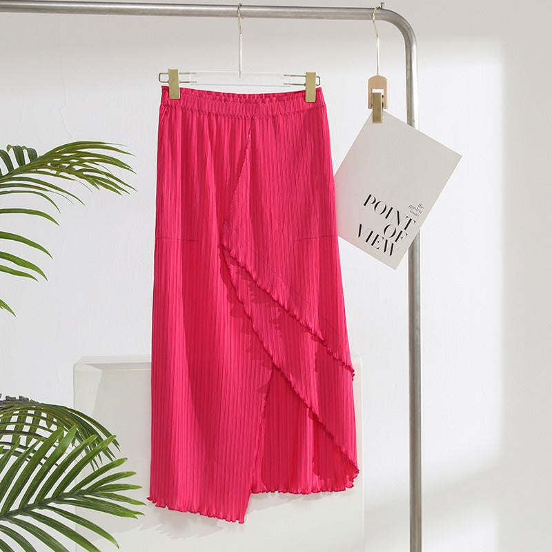 Spliced Pleated Skirt For Women High Elastic Waist Solid Color Solid Hip Wrap Split Skirts