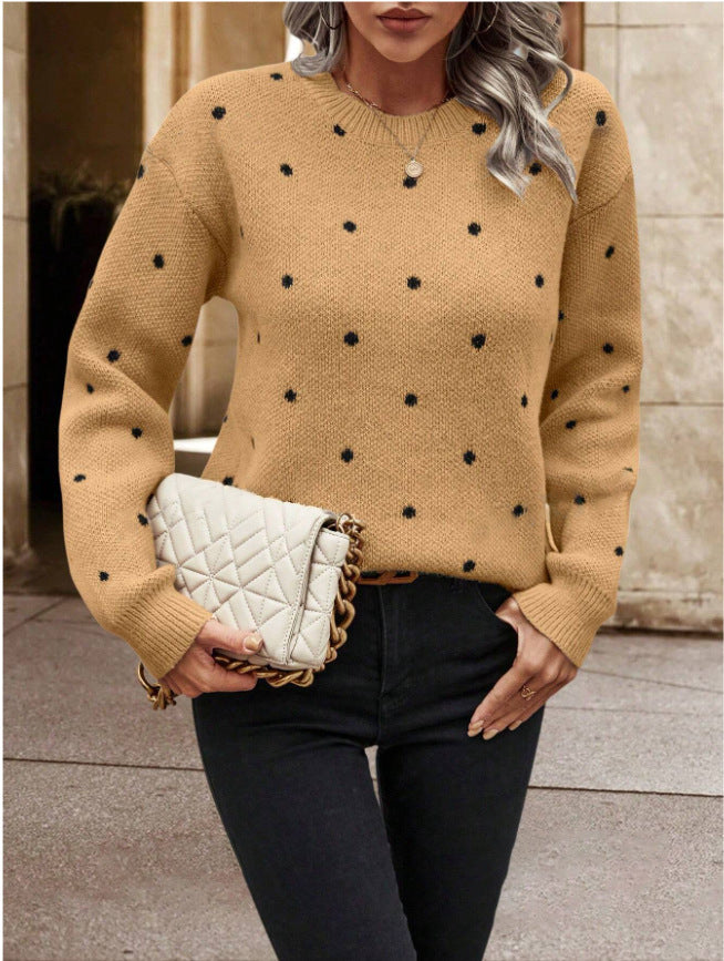 Fashion Round Neck Long Sleeve Pullover Sweater Polka Dot Print Knitwear