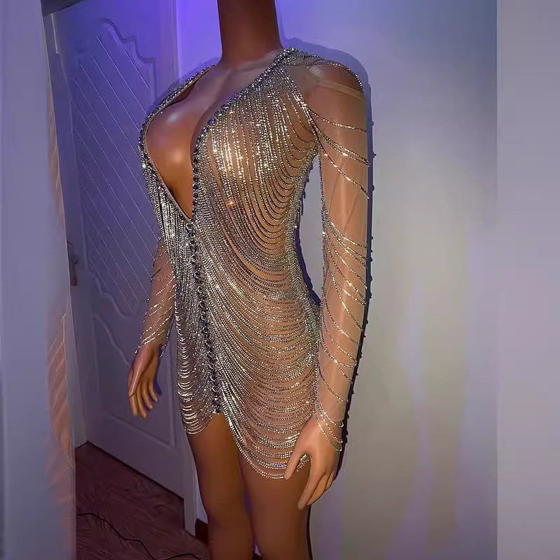 Silver Stretch Rhinestone Drill Chain Tassel Slimming Hip Skirt