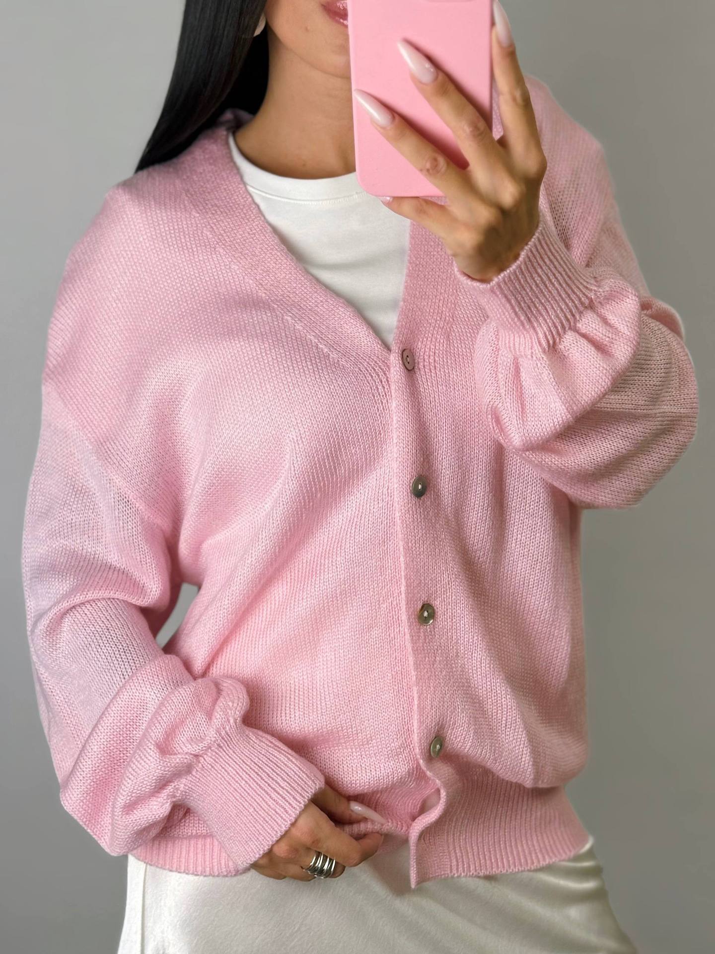 Soft Mohair V-neck Elegant Lazy Style Shell Buckle Lantern Sleeve Sweater