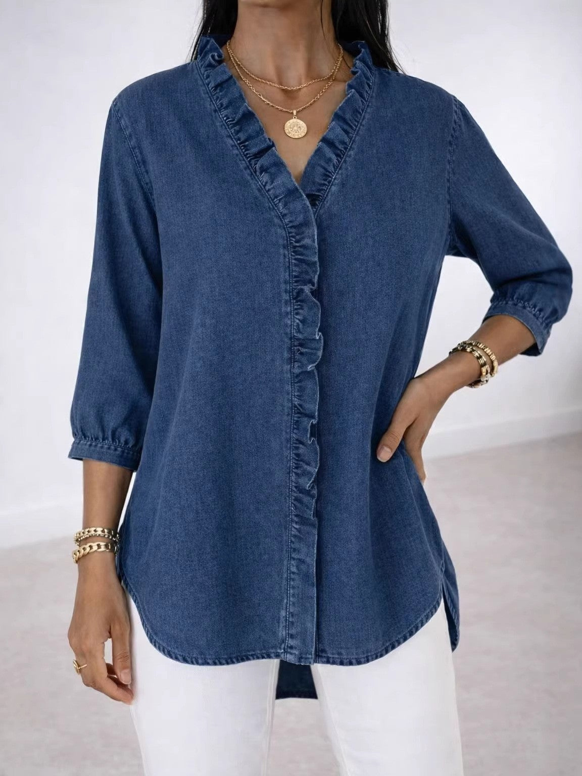 Women's Fashionable Casual Faux Denim V-Neck Shirt