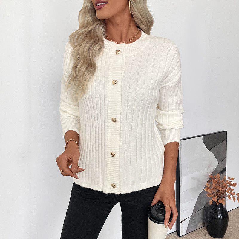 Metal Heart Button Solid Color Sweater Coat Cardigan