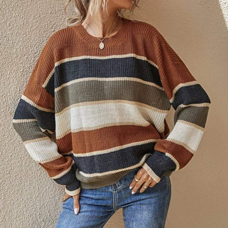 Women's 2025 Striped Color Block Sweater, Cute Crewneck Pullover Top, Fall Winter Fashion Knitwear