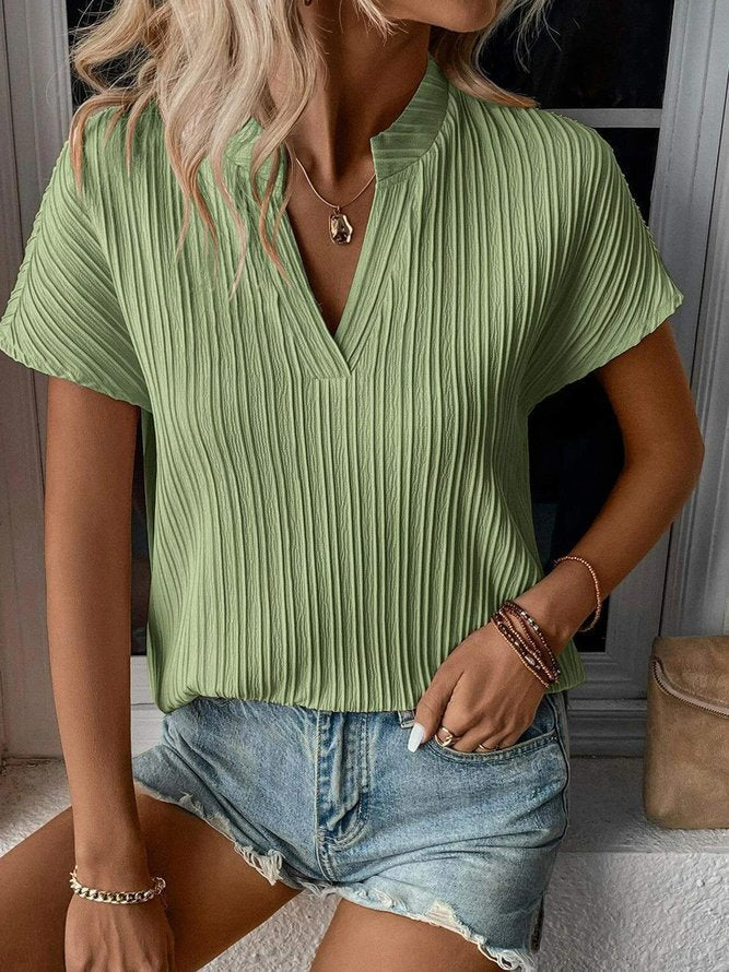 Summer Women's Top Solid Color And V-neck Striped Short Sleeve