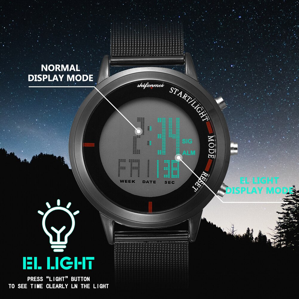 S1134 Men Watches Fashion LED Electronic Silver digital  Watch Tungsten Steel Clock Waterproof Outdoor Men Wristwatch