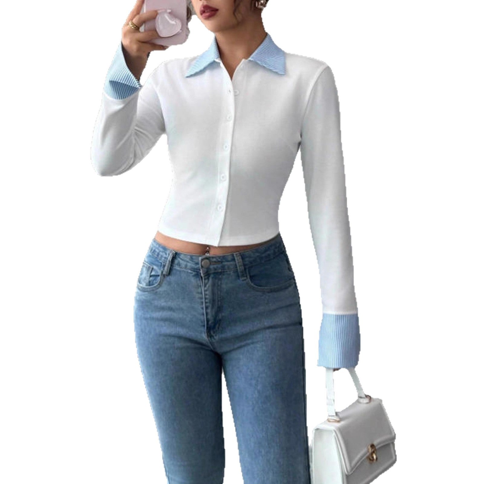 Women's Slimming Lapel Long Sleeve Fake Two-Piece Shirt