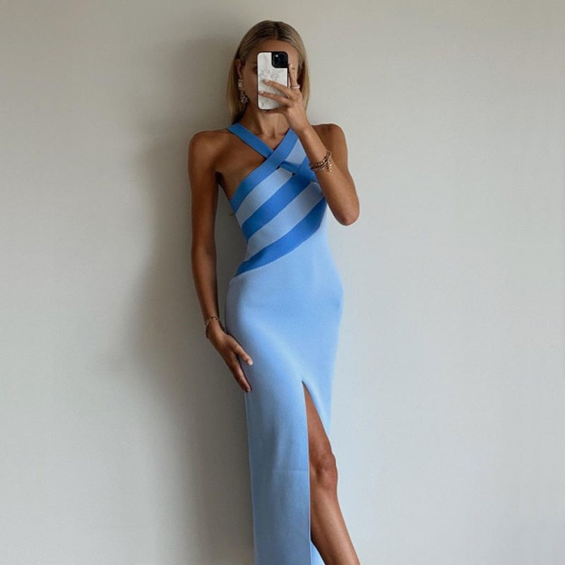 New Women's Fashion Sexy Temperament Halter Neck Slit Bandage Suspender Dress