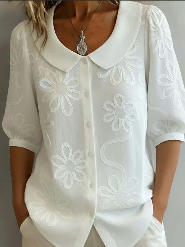 Loose-fit Retro Buttoned 3D Embroidered Floral Shirt