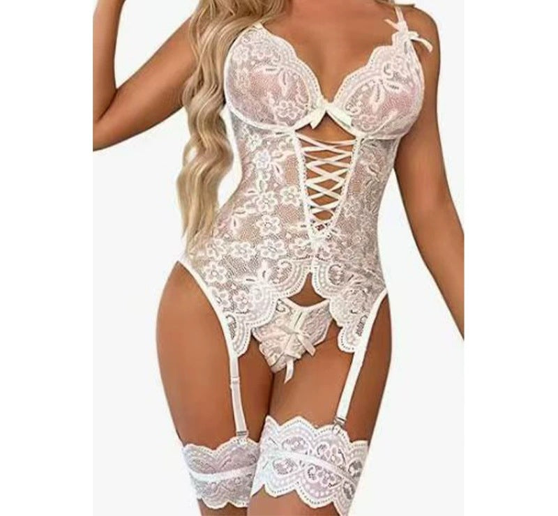 Womens Sheer Lace Backless Lingerie Set
