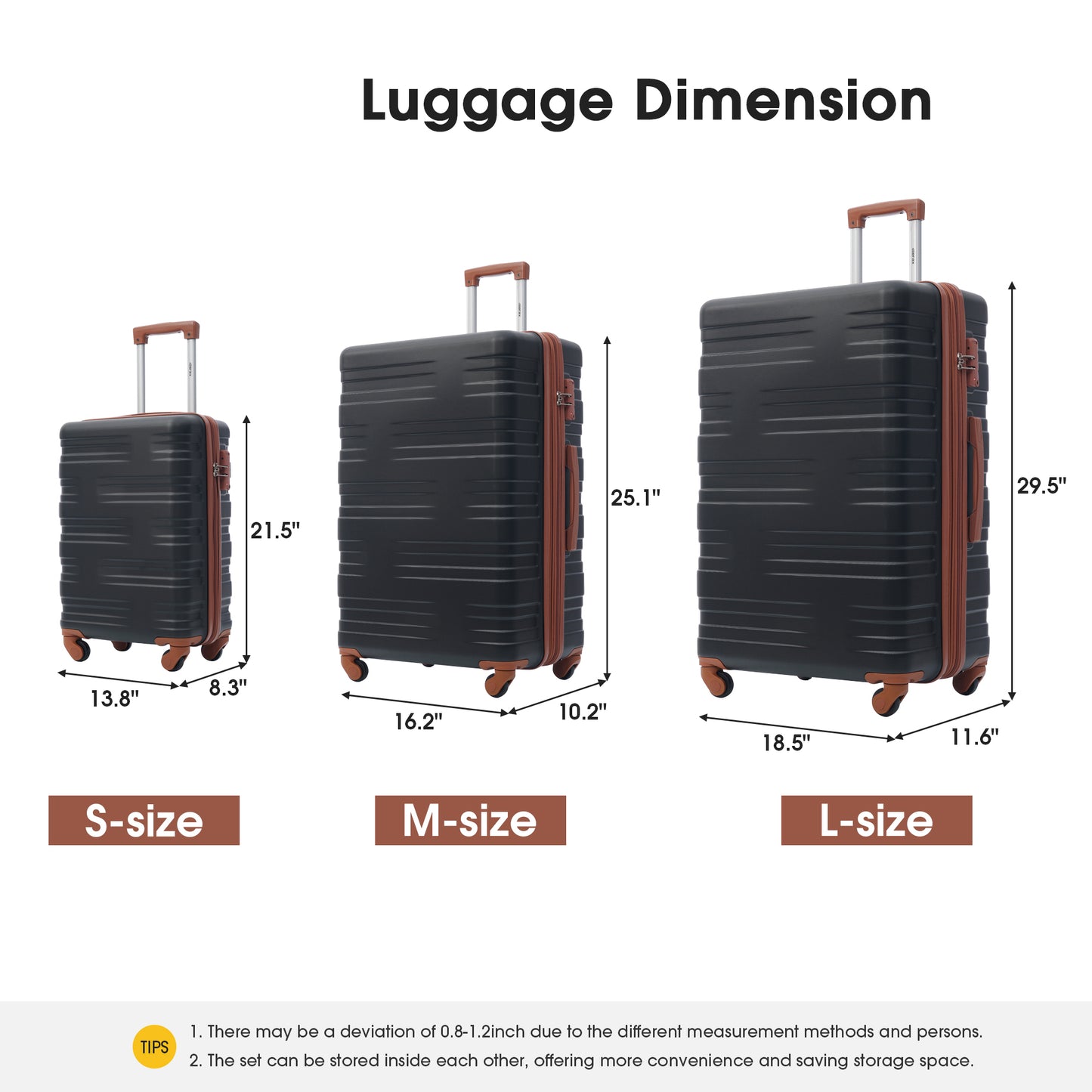 Hardshell Luggage Sets 3 Pcs Spinner Suitcase with TSA Lock Lightweight 20''24''28''Black Brown + ABS