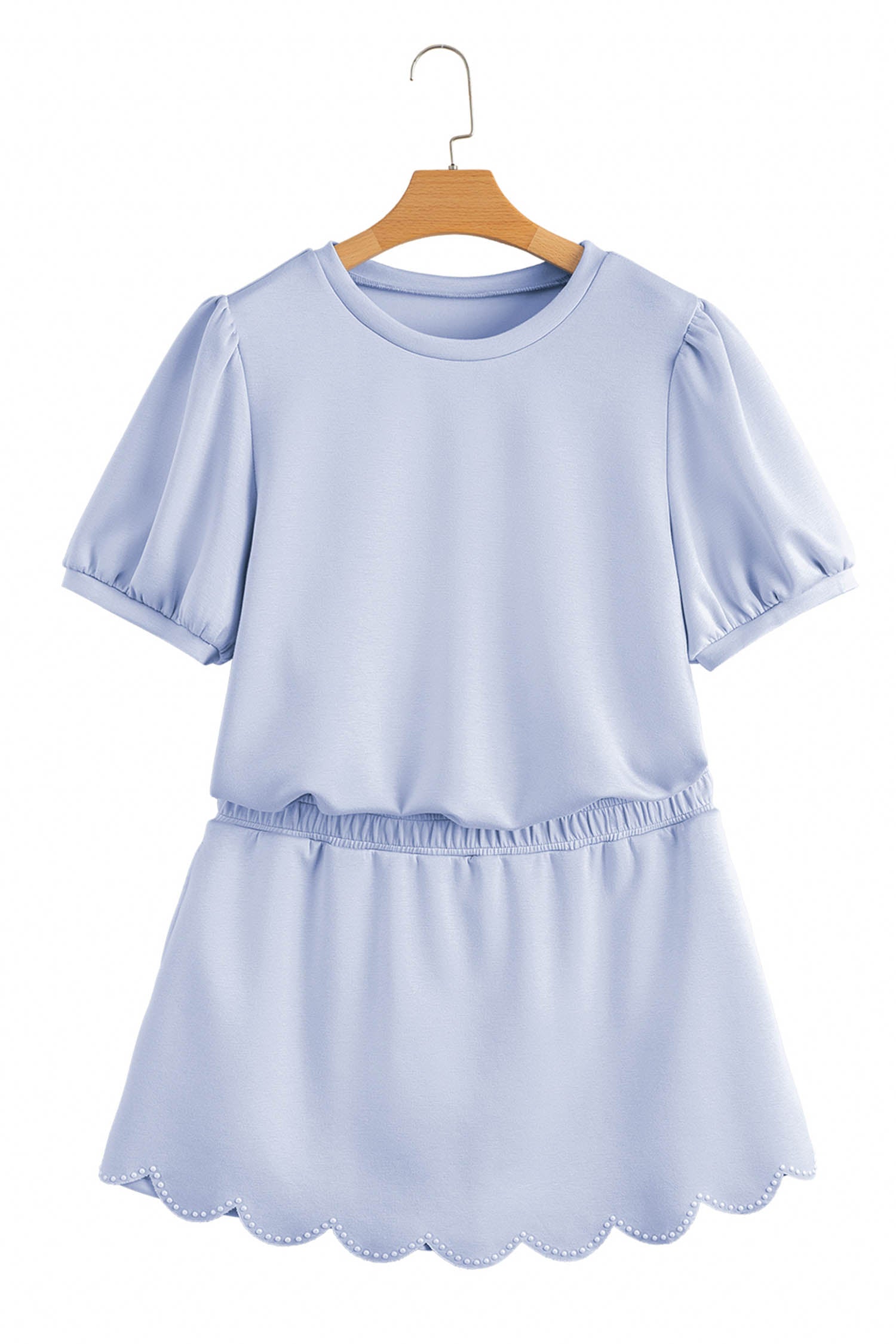 Beau Blue Puff Sleeve Pearl Embellished Scallop Trim Top 2 Piece Skort Set