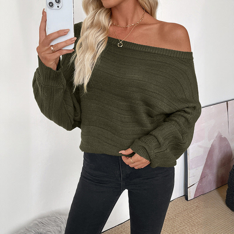 Casual Lightly Mature Loose Horizontal Striped Off-shoulder Green Sweater For Women