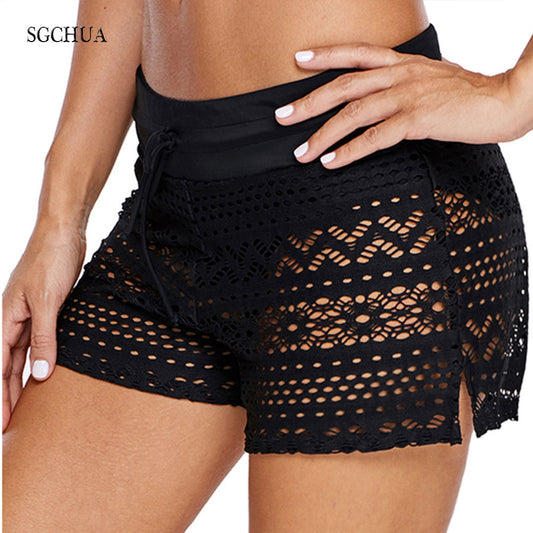 SGCHUA Sexy Black Mesh women's swimming trunks Plus Size  Blue Lace swimsuit bottom Fat Swim shorts Boxer Briefs New Panties