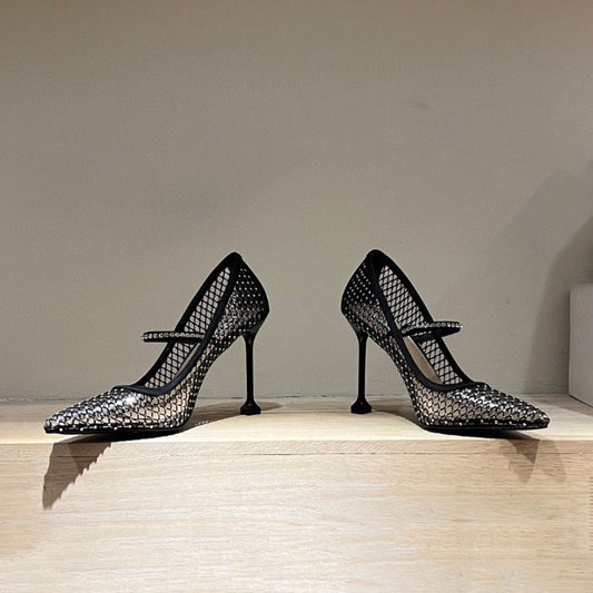 Spring and Summer New Pointed Super High Heels Water Diamond Mesh Single Shoes Women's Thin Heels Shallow Mouth Mary Jane Single Shoes