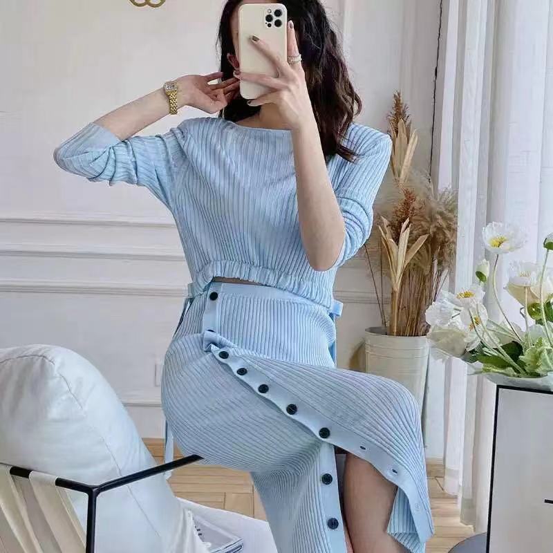 Knitted Sweater Dress Women Sexy High Slit Hollow Out Button Up Lace Up Long Sleeve Pink Black Traf Midi Dresses