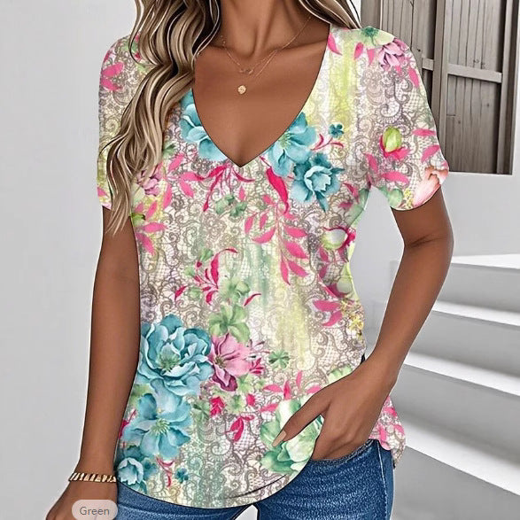 European American Summer New V-neck Floral Casual Short-sleeved Top