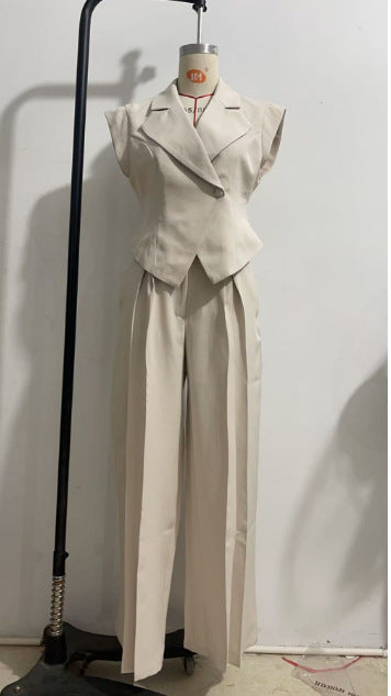 Beige Elegant Sleeveless Waist-Cinching Suit Set