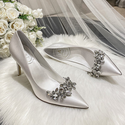 Wedding Crystal Bridal Shoes Champagne Silk Dress Bridesmaid Shoes White High Heels Slim Heels