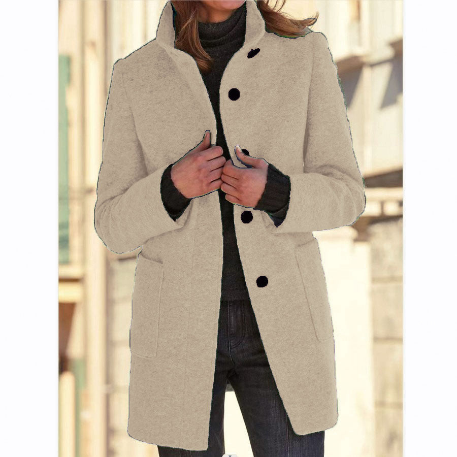 Stand Collar Woolen Coat With Pockets Fall Casual Button Outwear