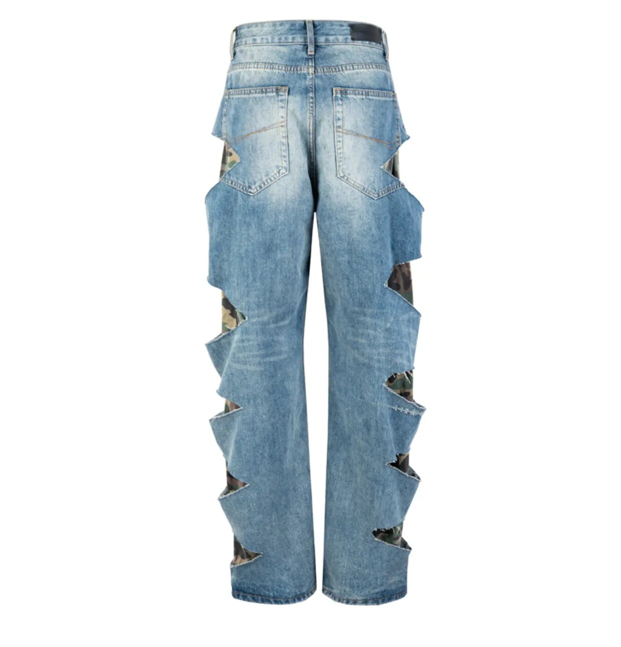 Camouflage Hole Fake Two Pieces Jeans Mens Straight Loose Wide-leg Denim Pants Street Hip Hop Cowboy Pants for Men