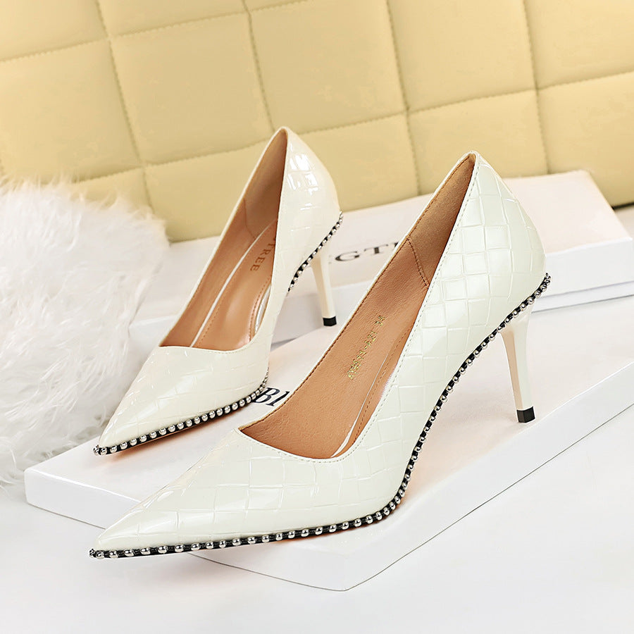 Retro Sexy High Heels Women's Shoes Super High Heel Shallow Mouth Pointed Metal Chain Rivet Shoes