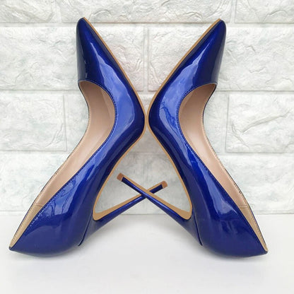 Tikicup Dark Blue Women Patent Pointed Toe Stiletto High Heels Elegant Ladies Slip On Wedding Pumps Shoes Plus Size 34-45