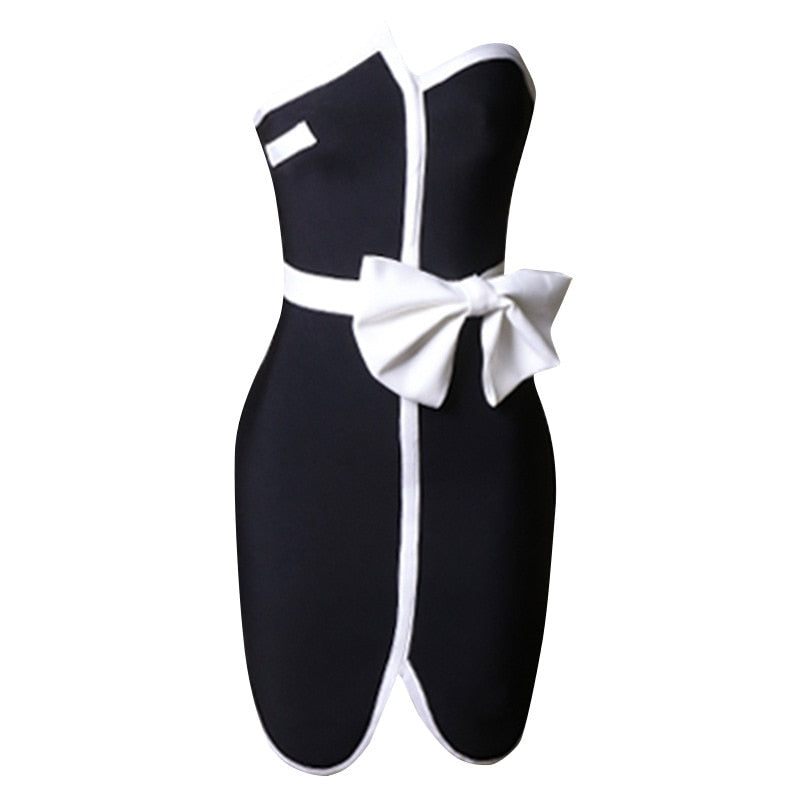 Spring New Black And White Stitching Bandage Skirt Bow Temperament Elegant Backless Ladies Short Skirt