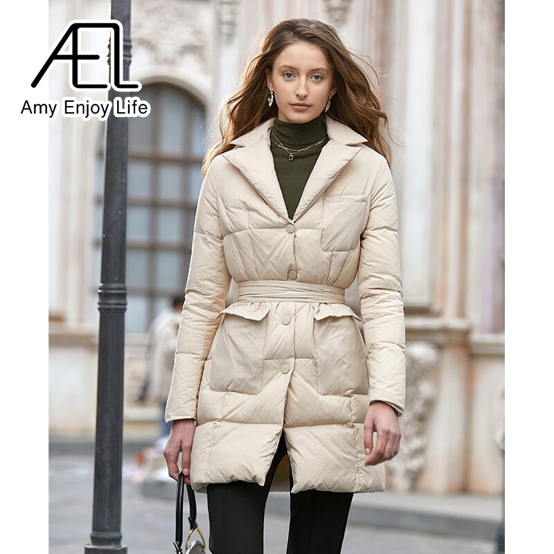 Medium Length Temperament Slim Down Jacket Women's New Suit Collar Waist Cotton Jacket