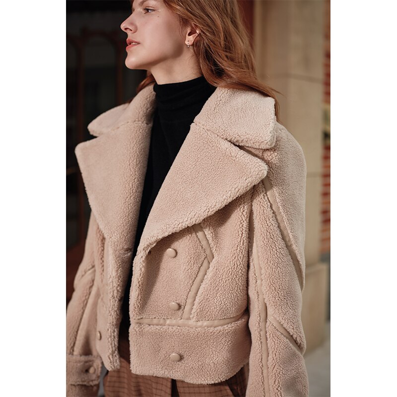 Lapel Warm Locomotive Fur One-Piece Lamb Wool Coat In Winter