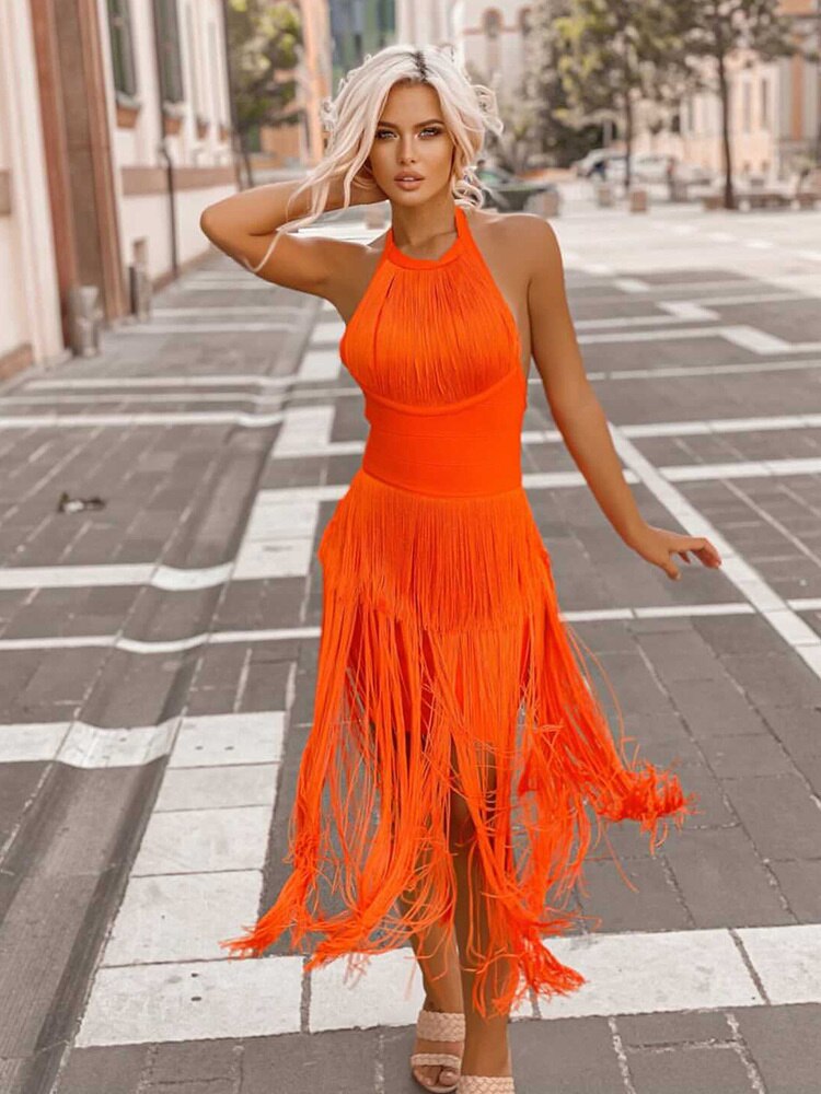 Women's Dress New Fashion Hater Slim Waist Sleevless Tassel Orange Blackless Mid-calf Dresses Female