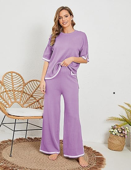 Knitted suit sweater suit short sleeve pullover wide leg pants