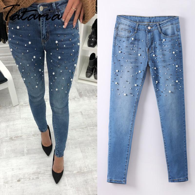 Denim Women Skinny Jeans With Pearls Pants Slim  Pearl Jeans Woman 2018 Mid Waist Pencil Jean For Women