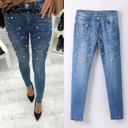 Jeans skinny da donna in denim con pantaloni di perle Jeans slim con perle Donna 2018 Jeans a matita a vita media da donna 