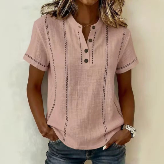 Casual Short-Sleeve Stand-Collar Solid-Color Patchwork Womens Shirt