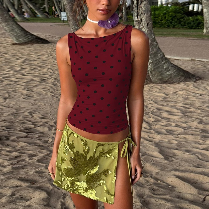 Women's Fashion Dotted Prints Slim Round Neck Sleeveless Top