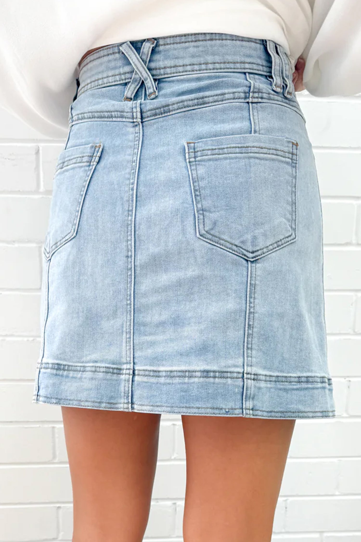 Beau Blue Exposed Seam Detail A-line Denim Mini Skirt with Pockets