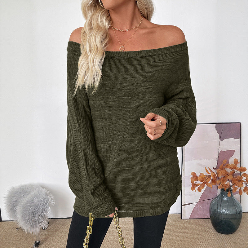 Casual Lightly Mature Loose Horizontal Striped Off-shoulder Green Sweater For Women