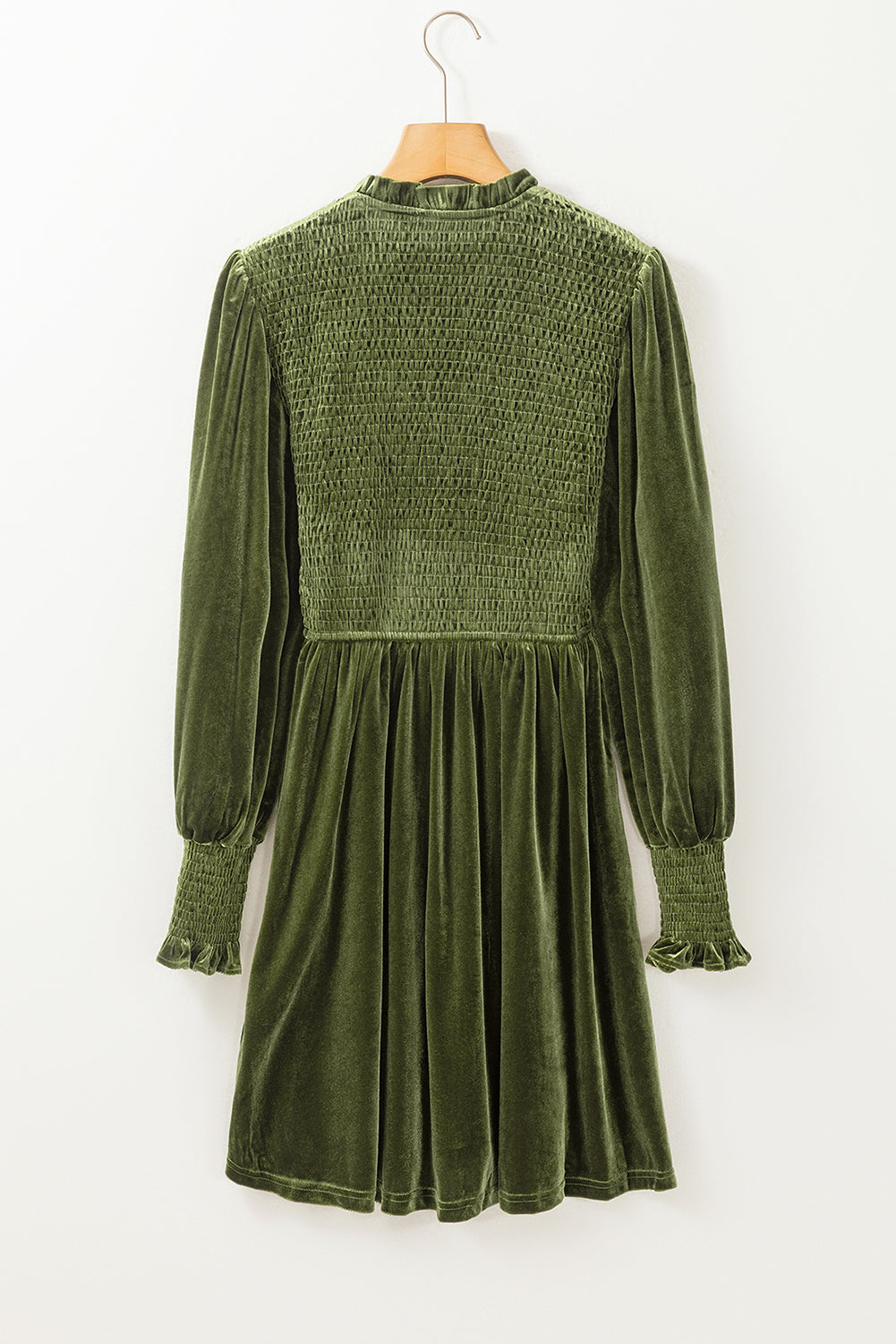 Green Smocked Lantern Sleeve Frilled Velvet Dress