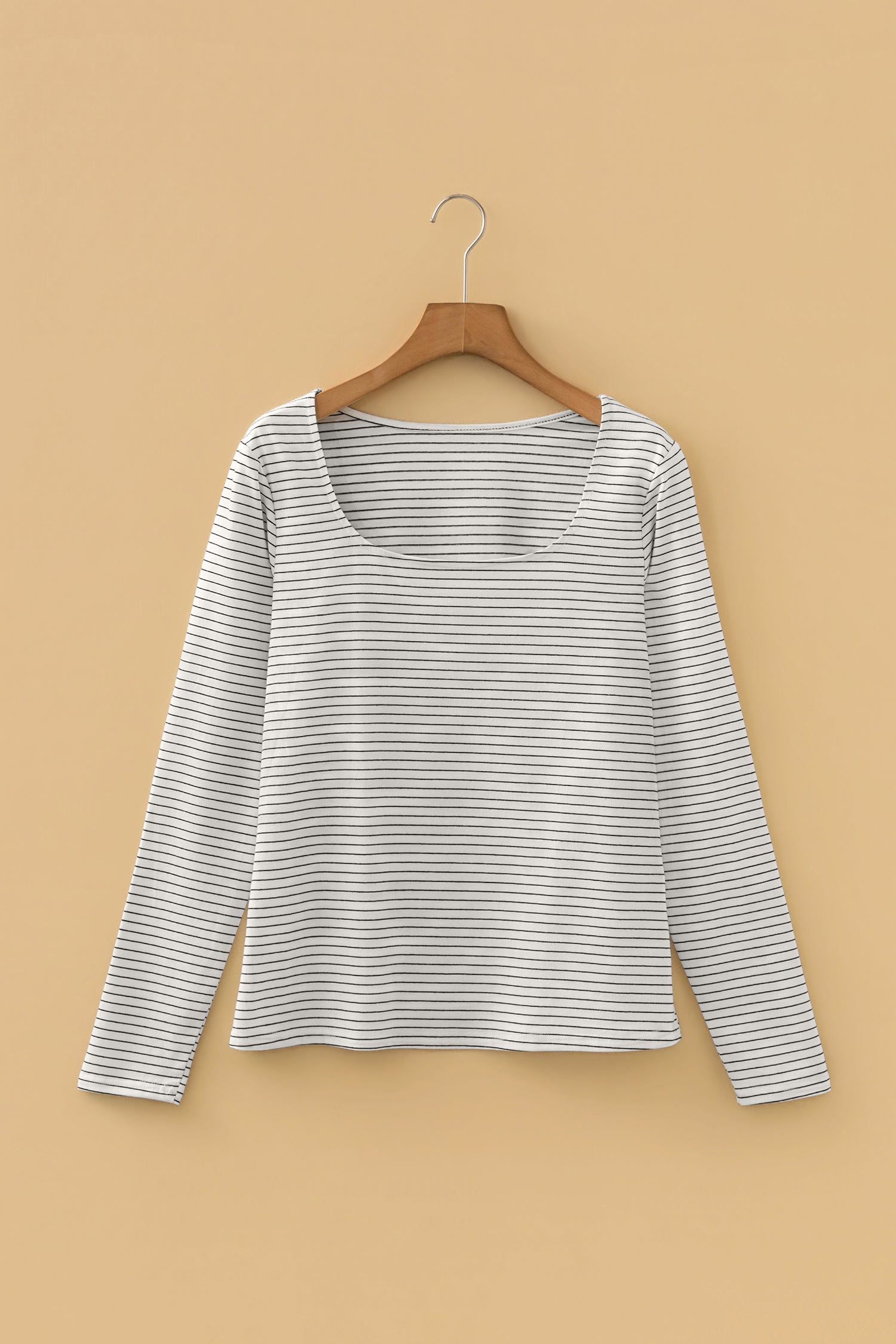 White Stripe Square Neck Long Sleeve Top