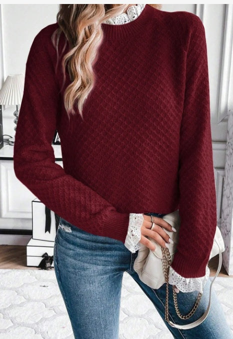 Burgundy Contrast Lace Frilled Trim Raglan Sleeve Sweater