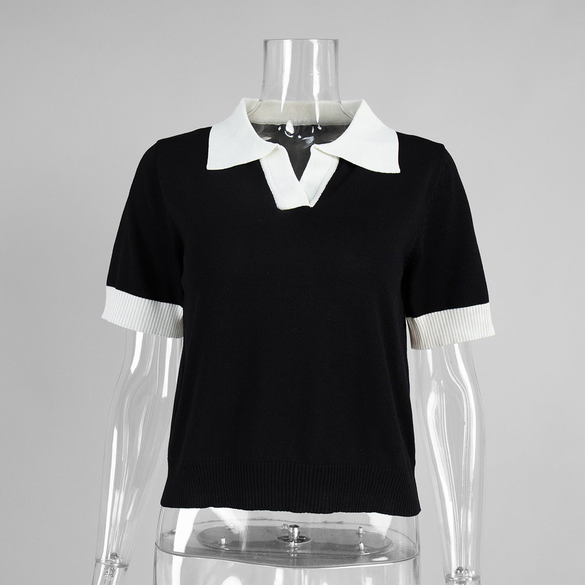 Elegant Commuter Polo-Neck Contrast-Color Loose Knit Top