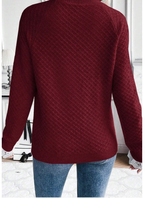 Burgundy Contrast Lace Frilled Trim Raglan Sleeve Sweater